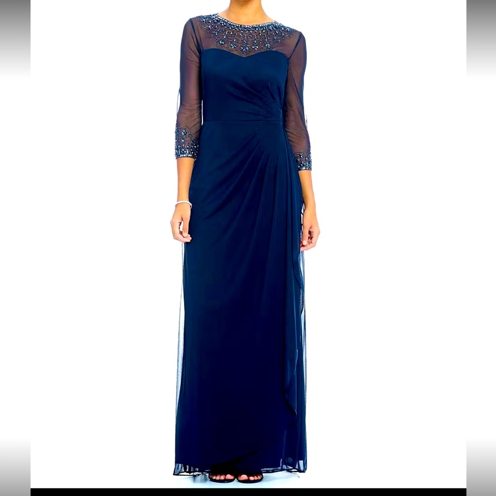 Alex Evenings Long Beaded Illusion Neck 3/4 Sleeve Ruched Petite Dress
